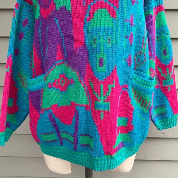Vintage 80s People Faces Multicolor Kitschy Novelty AOP Sweater - Picture 10 of 16